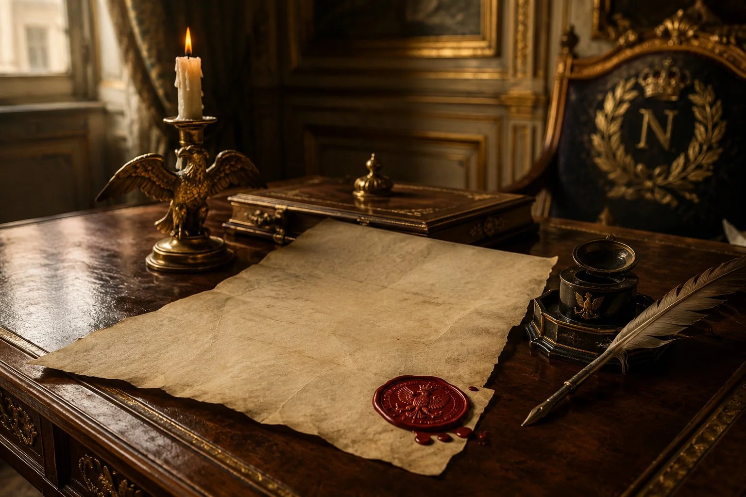 Bureau Empire avec parchemin du décret impérial, sceau de cire rouge à l'aigle, chandelier en bronze doré, plume d'oie et encrier dans un salon des Tuileries