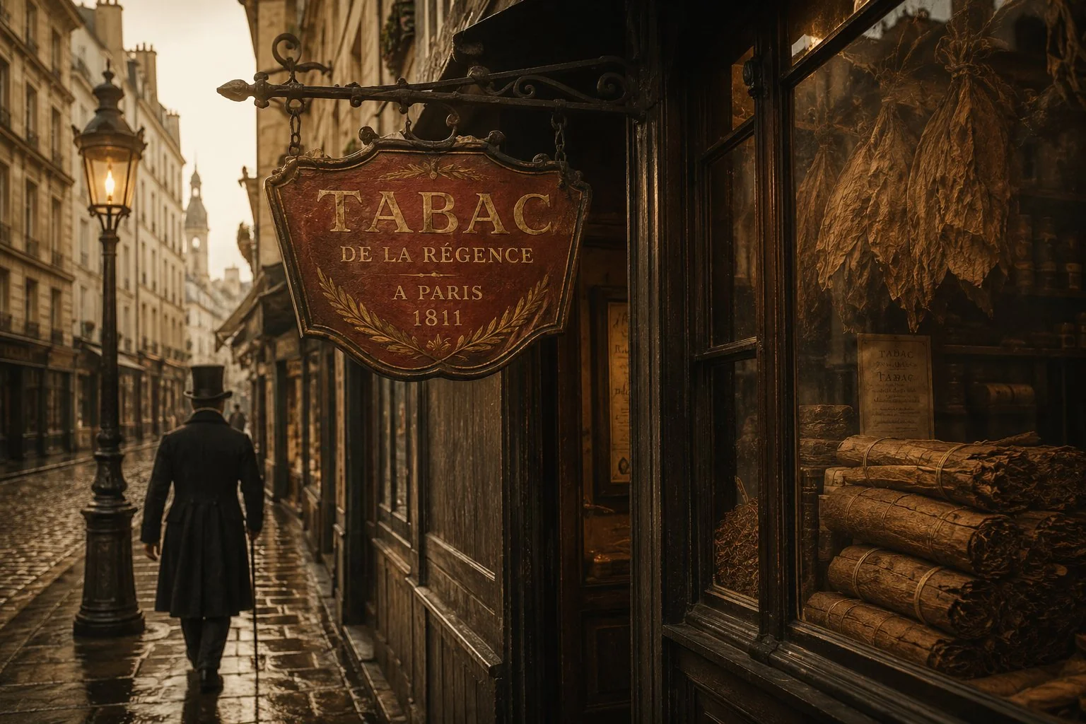 Façade parisienne de débit de tabac sous le Premier Empire, enseigne suspendue rouge et or au-dessus de la porte, rue pavée mouillée, gentilhomme en haut-de-forme s'éloignant