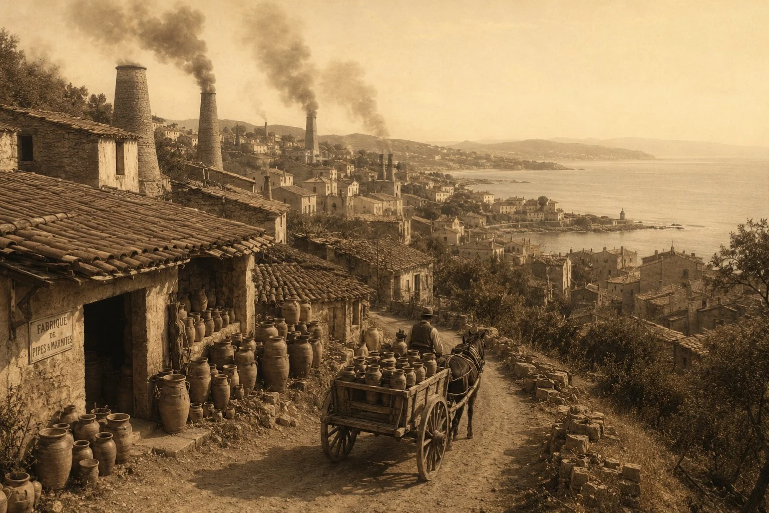 Vallauris à la fin du XIXe siècle, vue depuis les hauteurs, fours de céramique fumant, charrette descendant vers Golfe-Juan