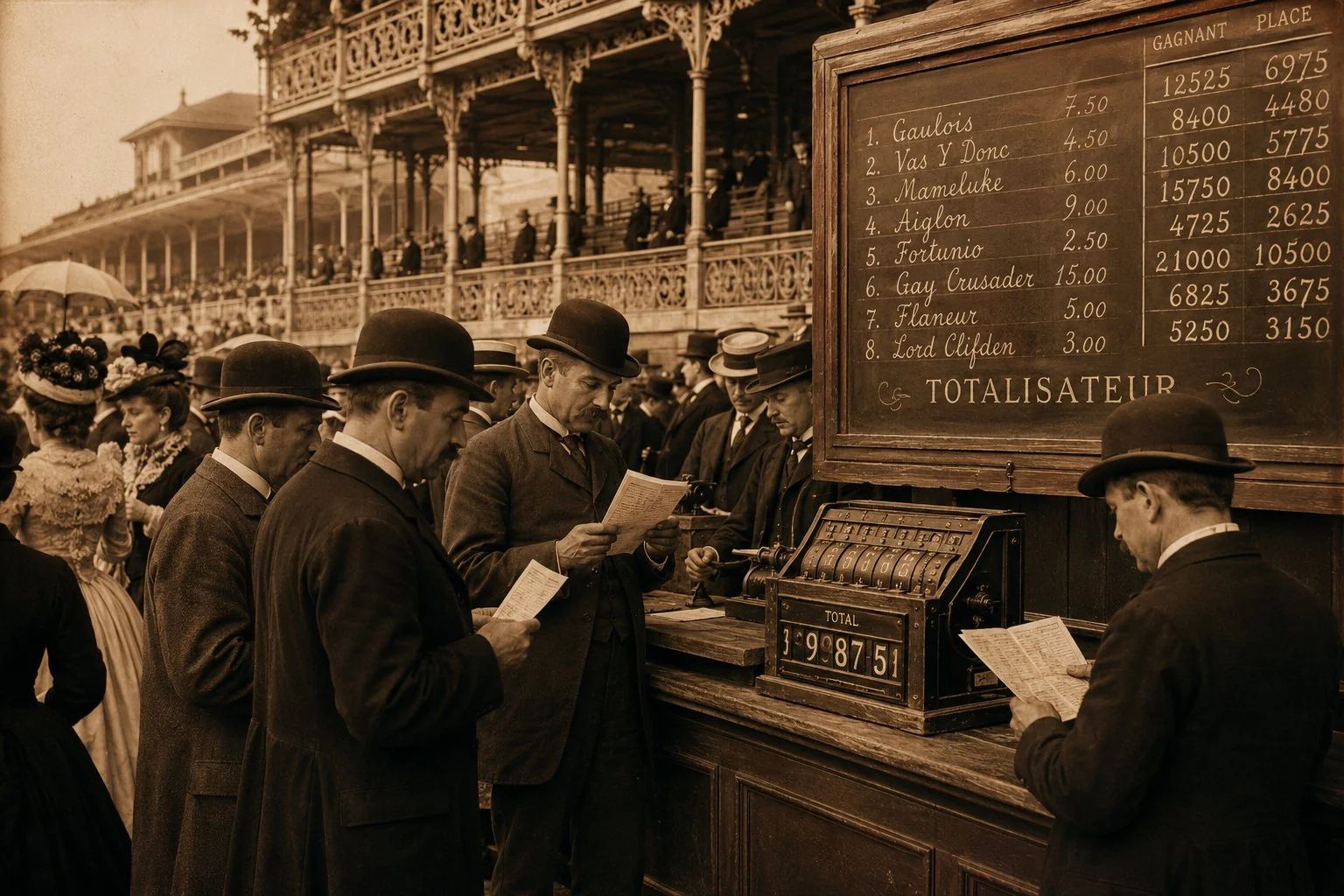 Scène d'hippodrome Belle Époque années 1890, gentilshommes en haut-de-forme étudiant les programmes des courses devant un compteur totalisateur mécanique, dame à l'ombrelle, tribune en fonte ornée