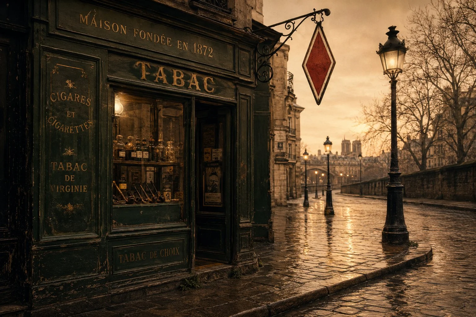 Devanture de bureau de tabac parisien début XXe siècle, losange rouge en façade, rue pavée mouillée au crépuscule