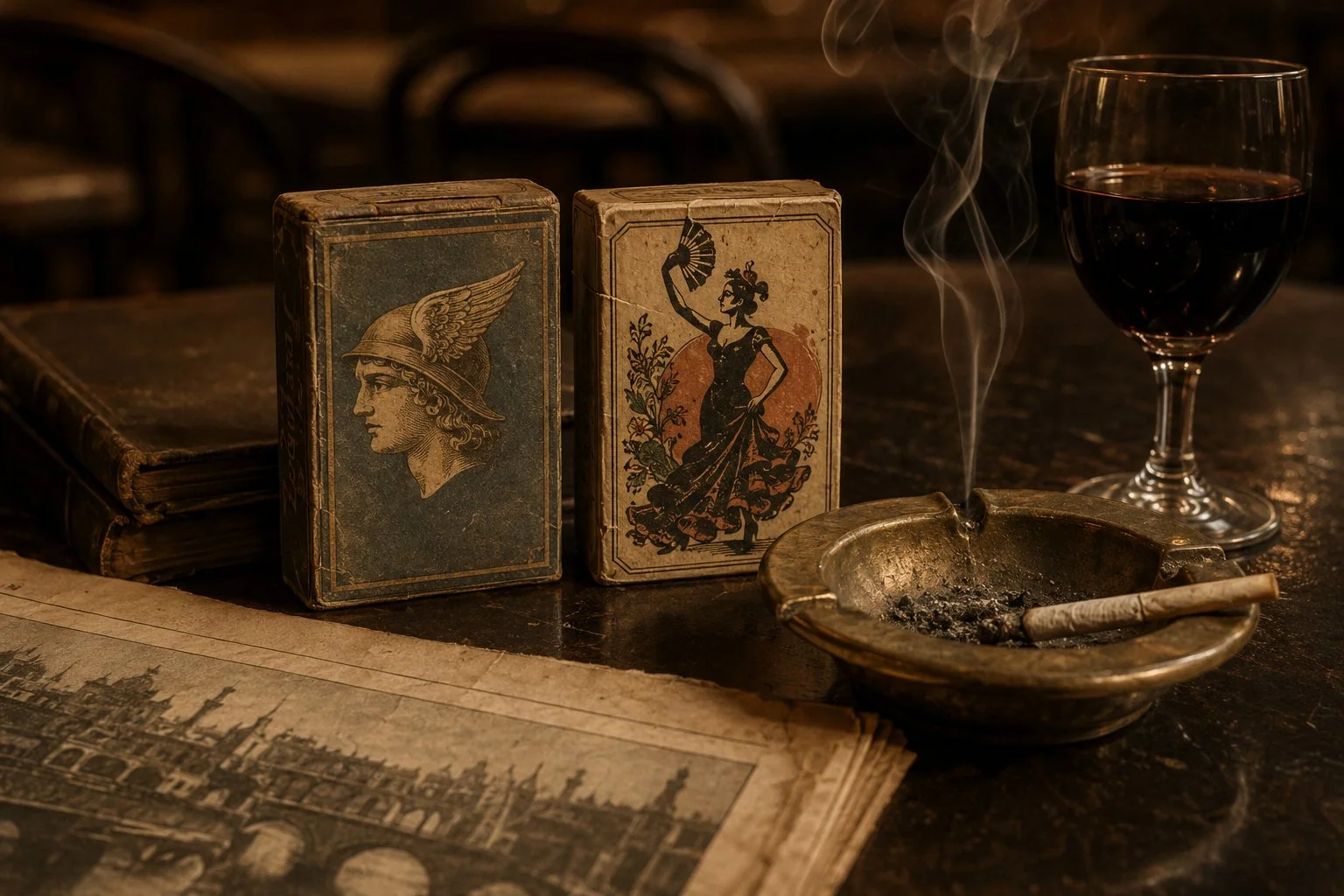 Nature morte sur une table de café en bois sombre, deux paquets de cigarettes vintage 1910 côte à côte — l'un bleu marine avec casque ailé en silhouette, l'autre crème avec silhouette de danseuse — cendrier en laiton avec cigarette fumante, verre de vin rouge