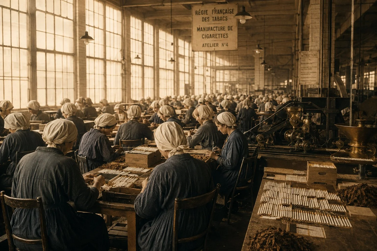 Intérieur d'une manufacture française de tabac dans les années 1920, longues tables d'assemblage avec ouvrières en blouse bleue et fichu blanc, hautes verrières industrielles laissant entrer la lumière, machines en laiton