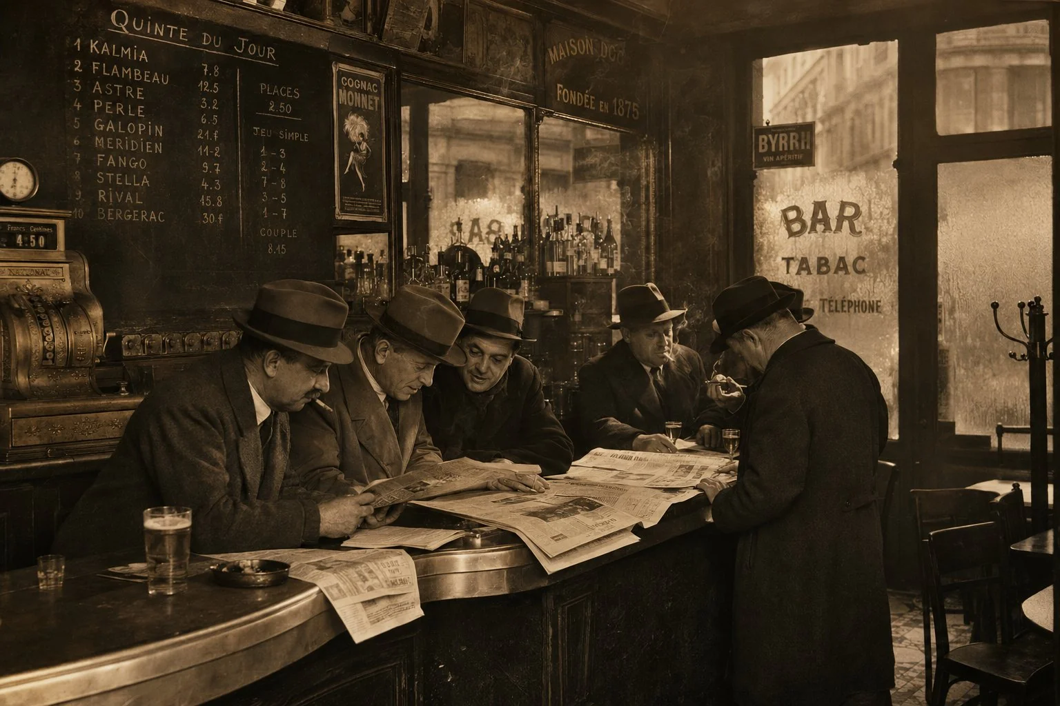 Intérieur d'un bar-tabac parisien dans les années 1930, hommes en feutre et pardessus penchés sur des journaux hippiques, comptoir en zinc, fumée de cigarette dans la lumière des lampes, miroirs à lettres dorées