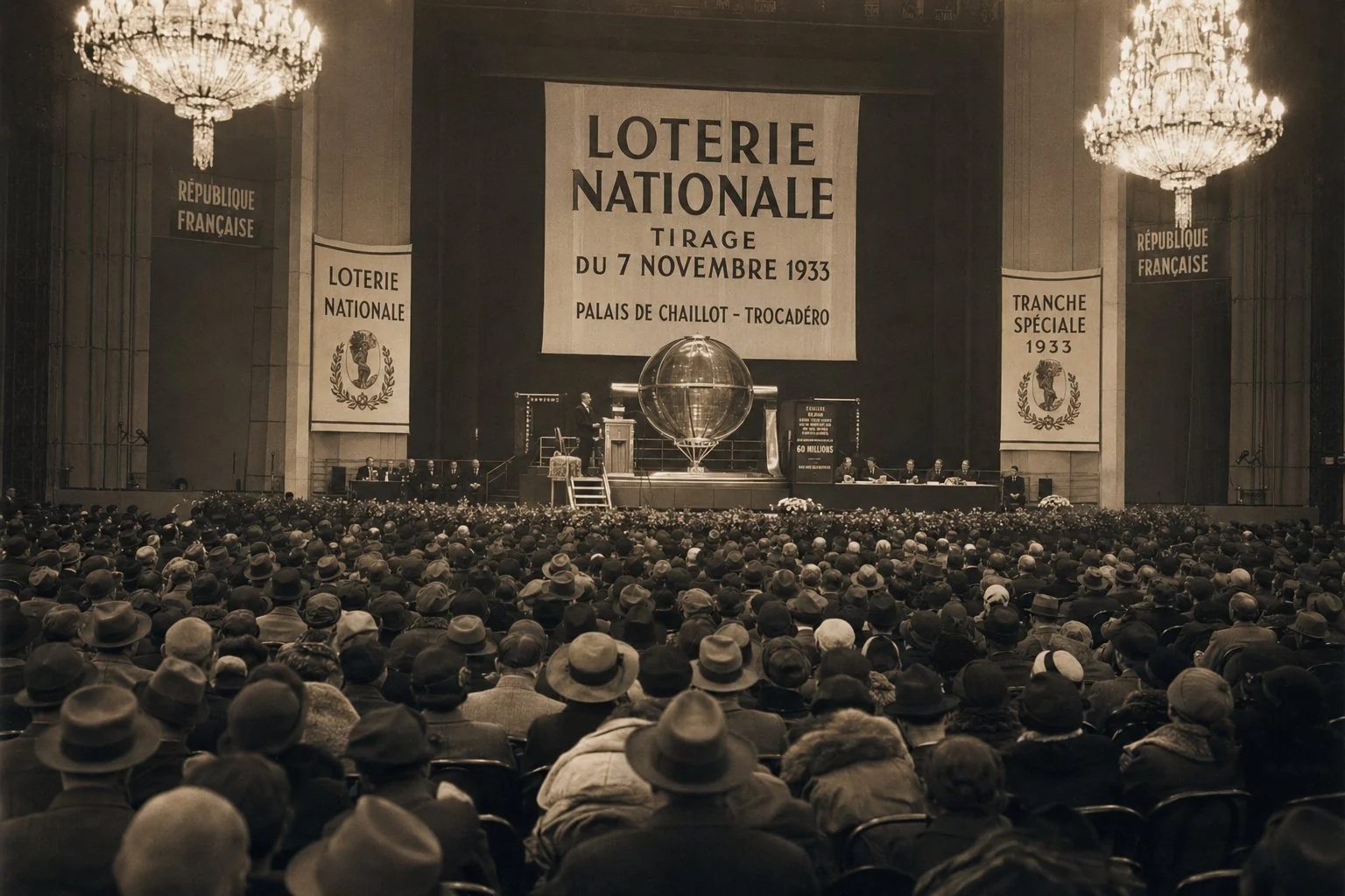 Premier tirage de la Loterie Nationale au Trocadéro le 7 novembre 1933, foule de cinq mille personnes en chapeaux, sphère de tirage au centre, bannières République Française