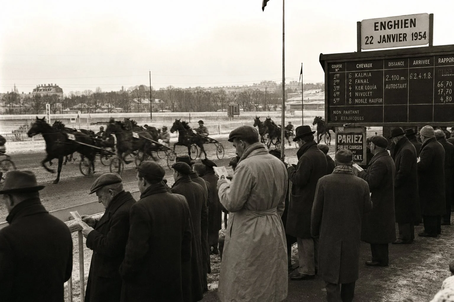 Hippodrome d'Enghien le 22 janvier 1954, foule de parieurs en imperméables et casquettes plates le long de la piste, tableau d'arrivée en bois, sulkies de trot lancés sur la piste enneigée, ciel parisien couvert