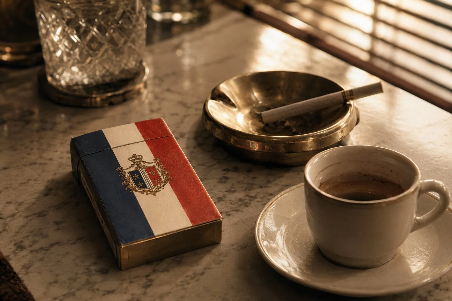 Paquet de cigarettes Marigny vintage de 1960, drapeau tricolore et écusson héraldique, sur un comptoir de marbre avec espresso et cendrier laiton, lumière de fin d'après-midi sur la Côte d'Azur