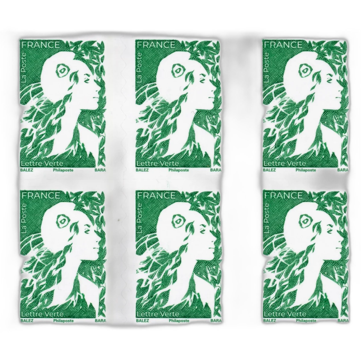 Six timbres Marianne lettre verte disposés en grille trois colonnes
